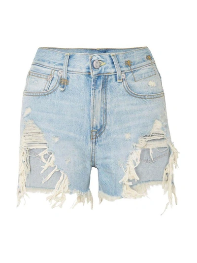 Shop R13 Shredded Slouch Distressed Cotton-denim Shorts In Celeste