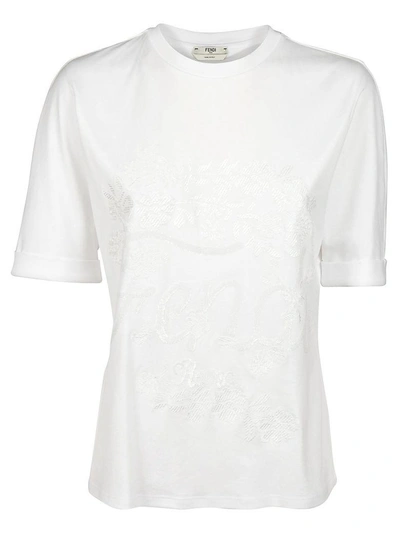 Shop Fendi Embroidered Logo T-shirt In Bianco