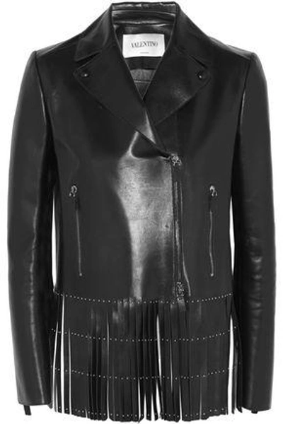 Shop Valentino Woman Studded Fringed Leather Jacket Black