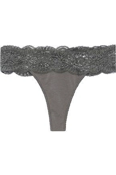 Shop Cosabella Woman Sonia Lace-trimmed Cotton-blend Mid-rise Thong Gray