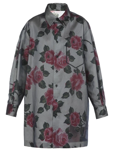 Shop Maison Margiela Silk Shirt In Black -white Printed Rose
