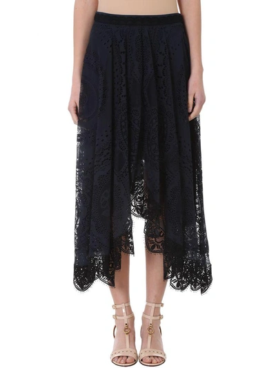 Shop Chloé Blue Lace Silk Skirt