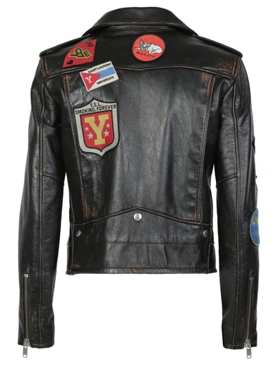 Shop Saint Laurent Leather Jacket In Noir-cognac