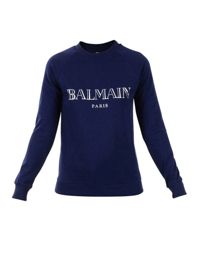 Shop Balmain Blue Logo Printed Sweather