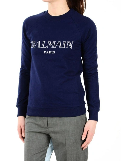 Shop Balmain Blue Logo Printed Sweather