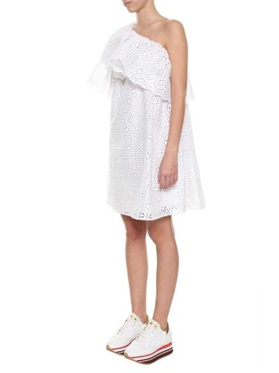 Shop Msgm White Cotton One Shoulder Dress In Bianco