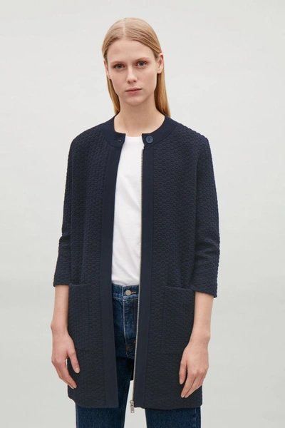 Shop Cos Textured Jacquard Knit Cardigan In Blue