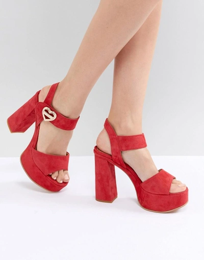 Shop Love Moschino Heart Buckle Heeled Platform Sandal - Red
