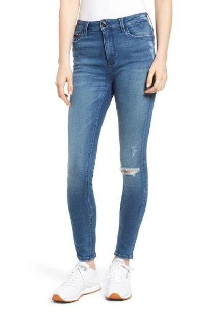 Shop Tommy Jeans Santana Ripped Skinny Jeans In Fargo Blue Stretch Destructed