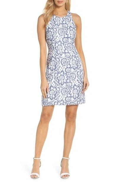Shop Adrianna Papell Elisa Two Tone Lace Sheath Dress In Blue/ White