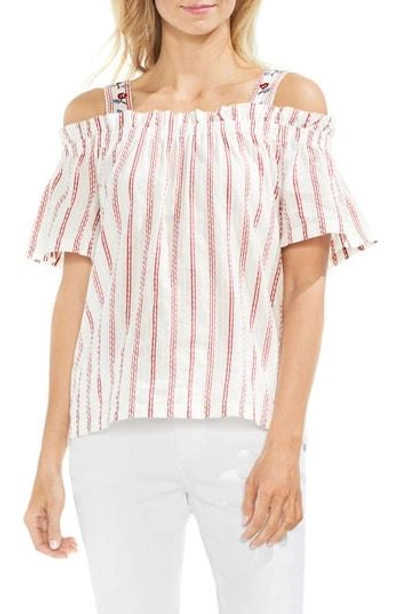 Shop Vince Camuto Embroidered Bubble Stripe Cold Shoulder Top In Indie Red