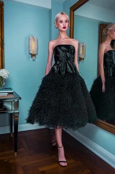 Shop Alexandra Vidal Black Hand Beaded Strapless Corset Tea Length Tulle Dress