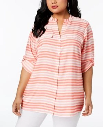 Shop Calvin Klein Plus Size Striped Tunic Shirt In Soft White Multi