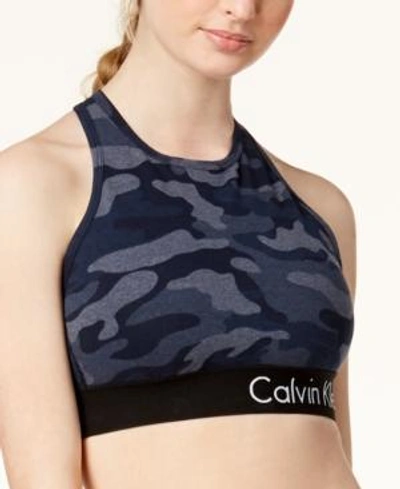 Shop Calvin Klein Performance Camo-print Cross-back Medium-support Sports Bra In Denim Combo