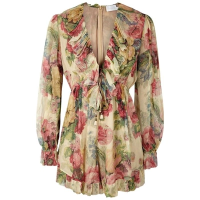Shop Zimmermann Melody Floating Floral-print Silk Chiffon Playsuit In Taupe