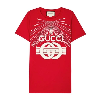 Shop Gucci Red Embellished Logo-print Cotton T-shirt