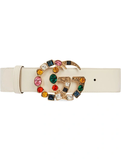 Shop Gucci Leather Belt With Crystal Double G Buckle