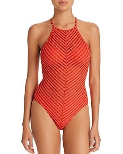 Shop Robin Piccone Carly High Neck One Piece Swimsuit In Red