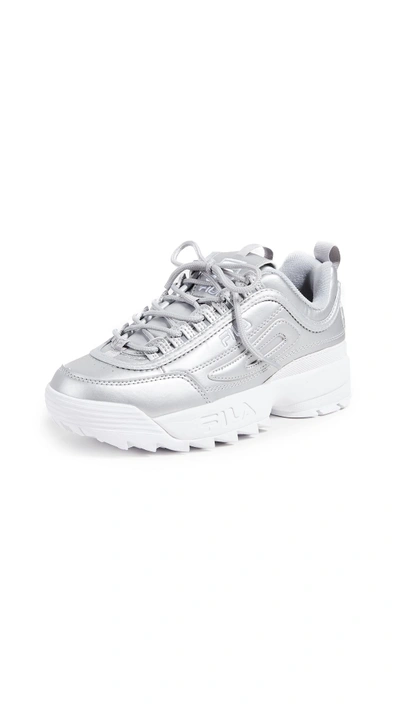 Shop Fila Disruptor Ii Premium Metallic Sneakers In Metallic Silver/white