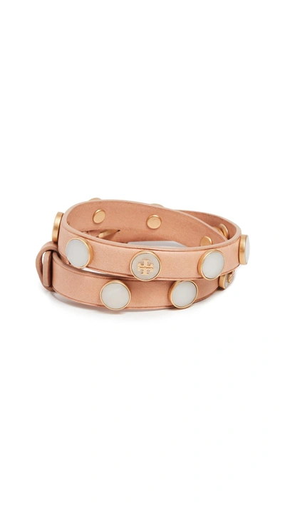 Shop Tory Burch Leather Double Wrap Bracelet In Vachetta/mother Of Pearl