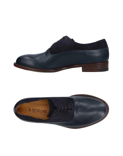 Shop A.testoni A. Testoni Man Lace-up Shoes Midnight Blue Size 7 Calfskin In Dark Blue
