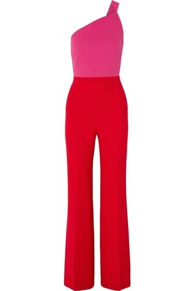 Shop Roland Mouret Truro One-shoulder Two-tone Wool-crepe Jumpsuit In Red