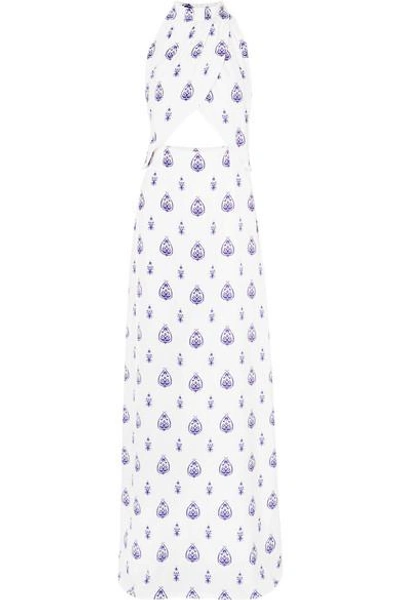 Shop Seren Soiree Cutout Printed Silk-satin Maxi Dress In White