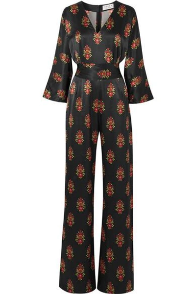 Shop Seren Kimi Floral-print Silk-satin Jumpsuit In Black