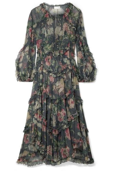 Shop Zimmermann Iris Ruffled Floral-print Silk-crepon Midi Dress In Charcoal