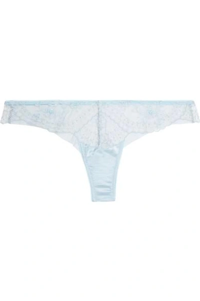 Shop Id Sarrieri Célestine Embroidered Tulle And Satin Thong In Sky Blue