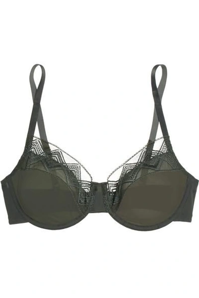 Shop Hanro Liane Lace-trimmed Stretch-tulle Underwired Bra In Charcoal