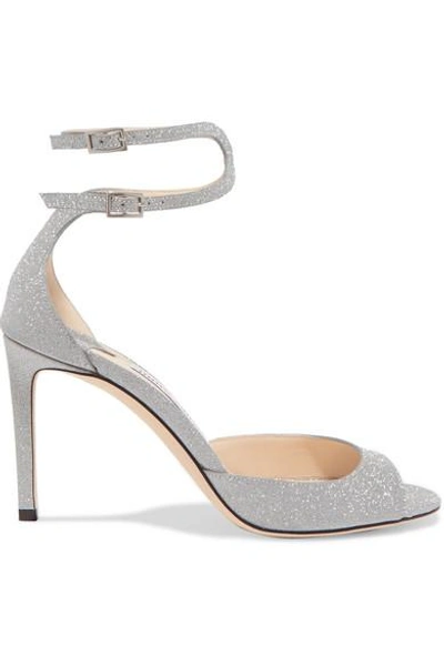 Shop Jimmy Choo Lane 85 Glittered Leather Sandals In Silver
