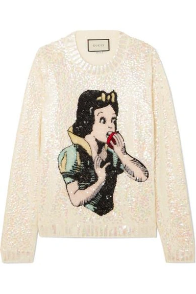 Shop Gucci + Disney Crystal-embellished Appliquéd Sequined Wool Sweater In Ivory