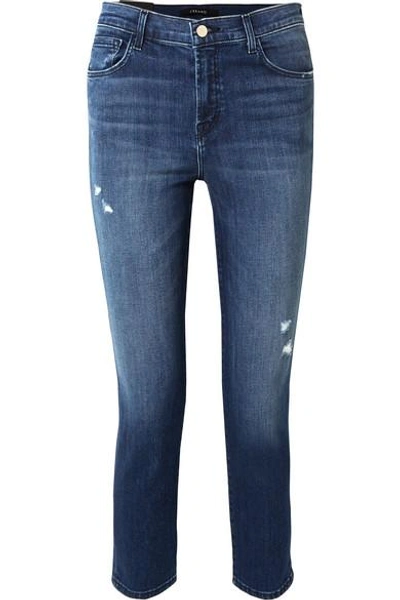 Shop J Brand Ruby Cropped Distressed High-rise Slim-leg Jeans In Mid Denim