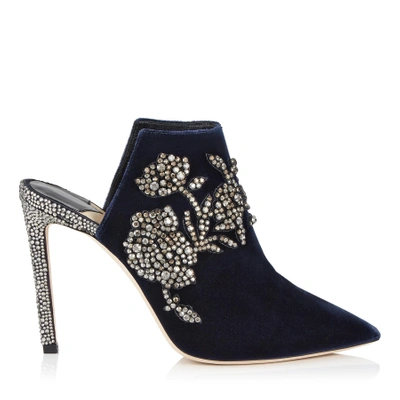 CAROLINE 100 Navy Velvet Mules with Peony Crystal Embroidery