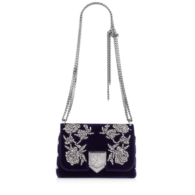 Shop Jimmy Choo Lockett Petite Navy Velvet Shoulder Bag With Peony Crystal Embroidery