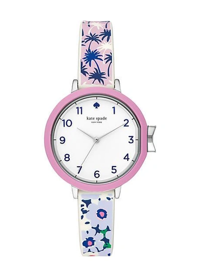 Shop Kate Spade Park Row Tropical Silicone Watch In Silver
