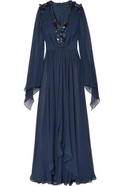 Shop Jenny Packham Embellished Silk-chiffon Gown In Midnight Blue