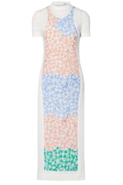 Shop Loewe Gingham Poplin-paneled Ribbed Cotton-blend Dress In White
