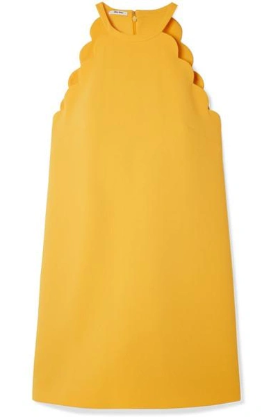 Shop Miu Miu Bow-embellished Scalloped Cady Mini Dress In Yellow