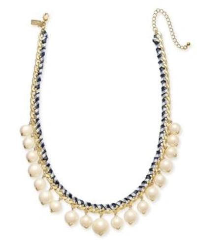 Shop Kate Spade New York Gold-tone Cubic Zirconia & Imitation Pearl Woven Ribbon Collar Necklace, 18" + 3 In Navy Multi