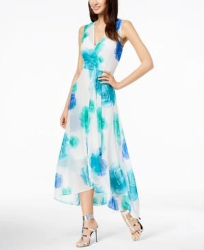 Shop Calvin Klein Floral-print Chiffon Surplice Dress In Lagoon Multi