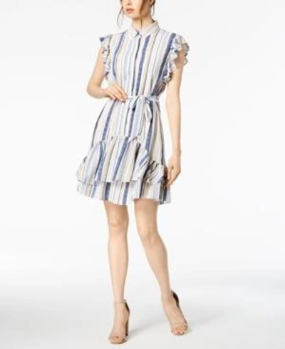Shop Julia Jordan Striped Ruffled Shirtdress In Denim Multi