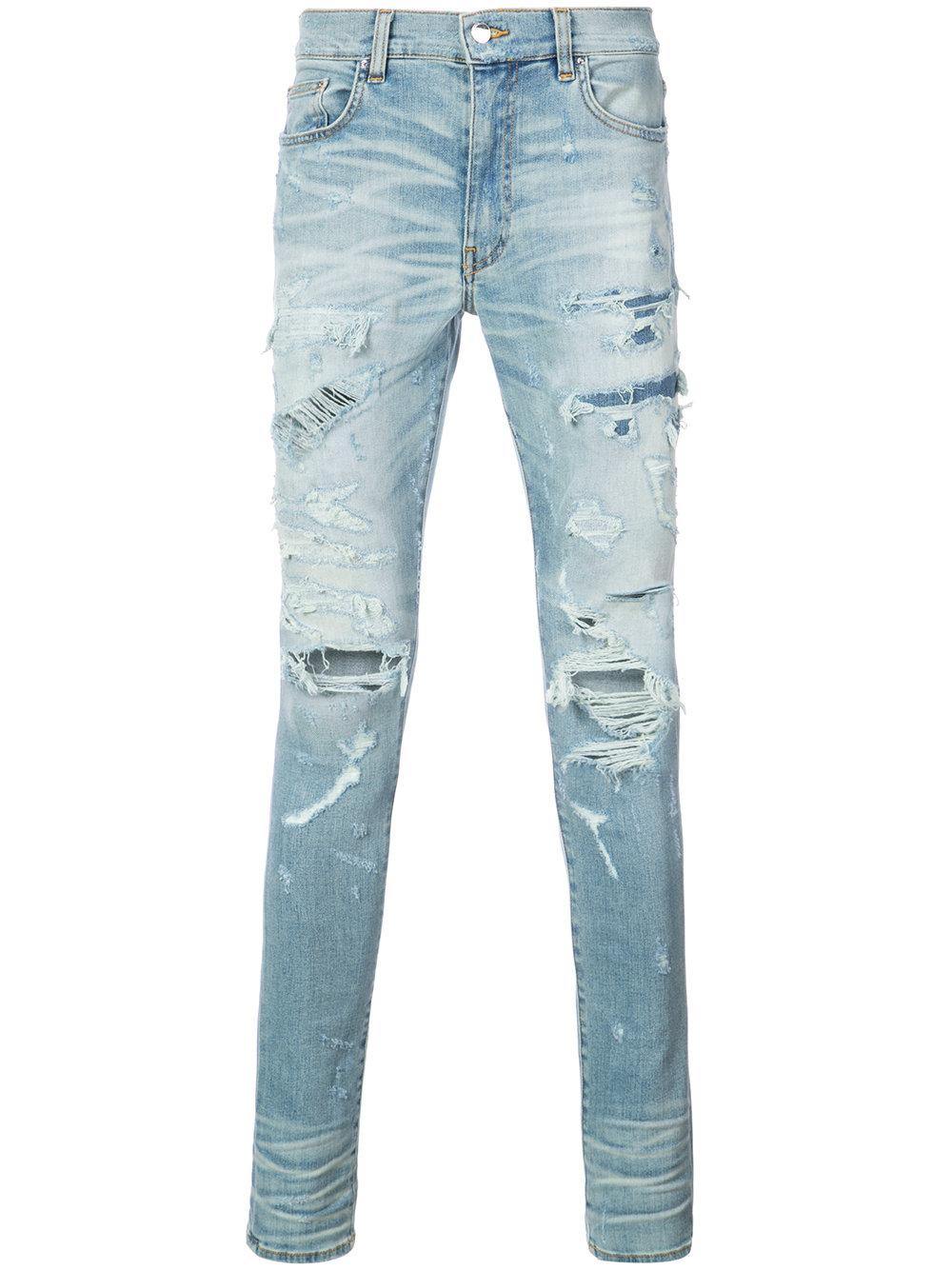 Amiri Distressed Skinny Jeans - Blue | ModeSens
