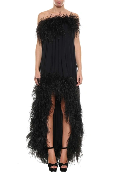 Shop Saint Laurent Asymmetric Dress With Ostrich Feathers In Nero