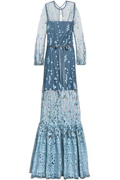 Shop Alexis Embroidered Tulle Gown In Turquoise