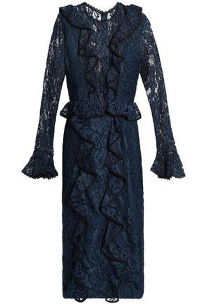 Shop Alexis Ruffle-trimmed Corded Lace Dress In Navy