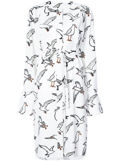 Shop Oscar De La Renta Bird-print Belted Longline Blouse - White