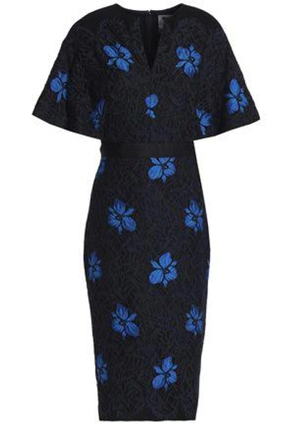 Shop Lela Rose Woman Floral-print Wool-blend Lace Dress Midnight Blue