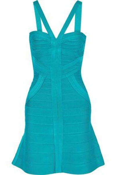 Shop Herve Leger Woman Fluted Bandage Mini Dress Teal